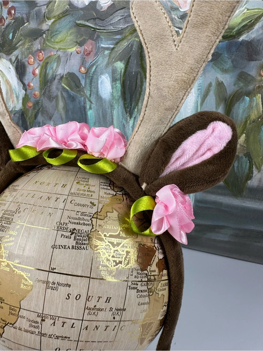 Floral Reindeer Deer Antler Headband Brown Ears Pink Flowers Costume